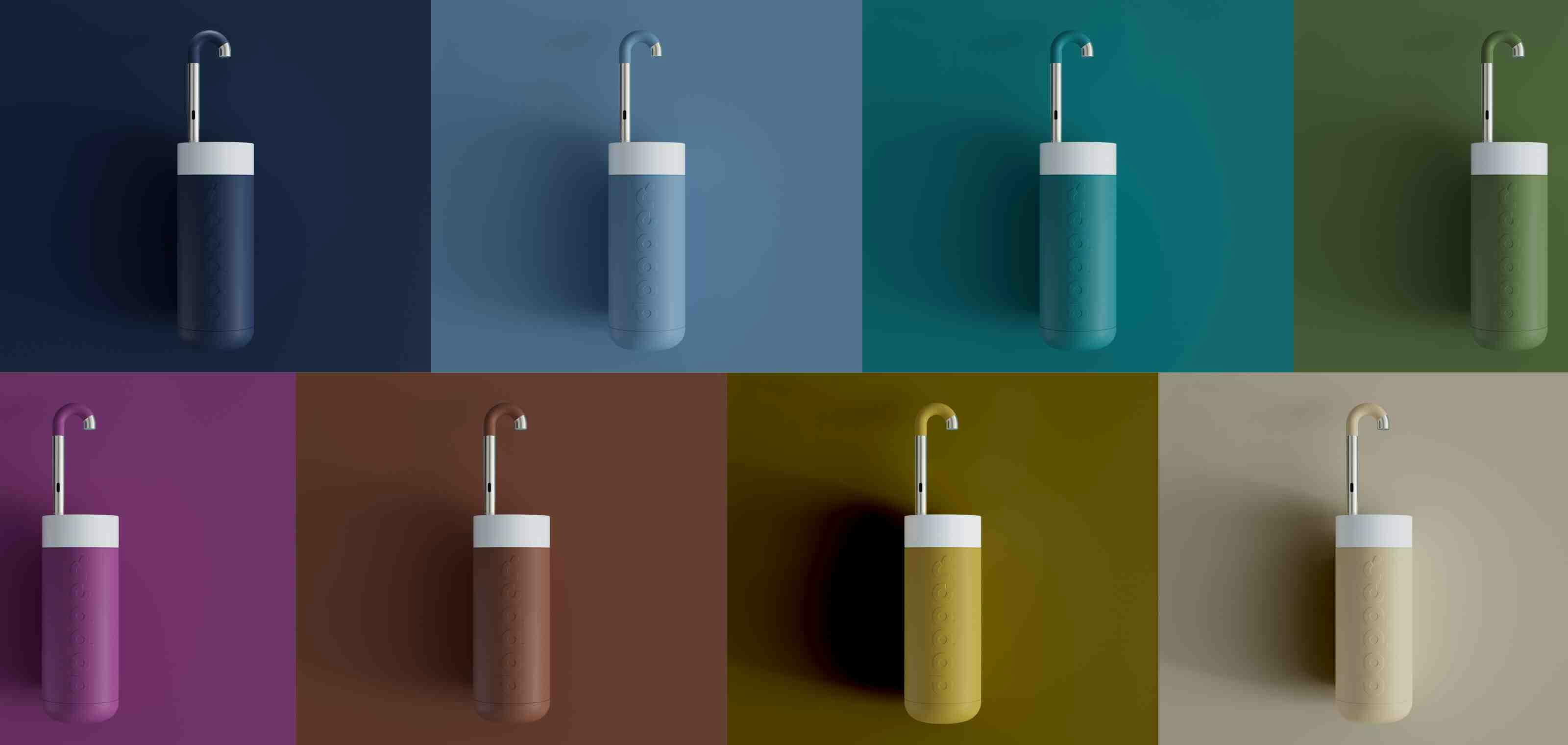 Different coloured Dopper Water Taps with complimenting background colours